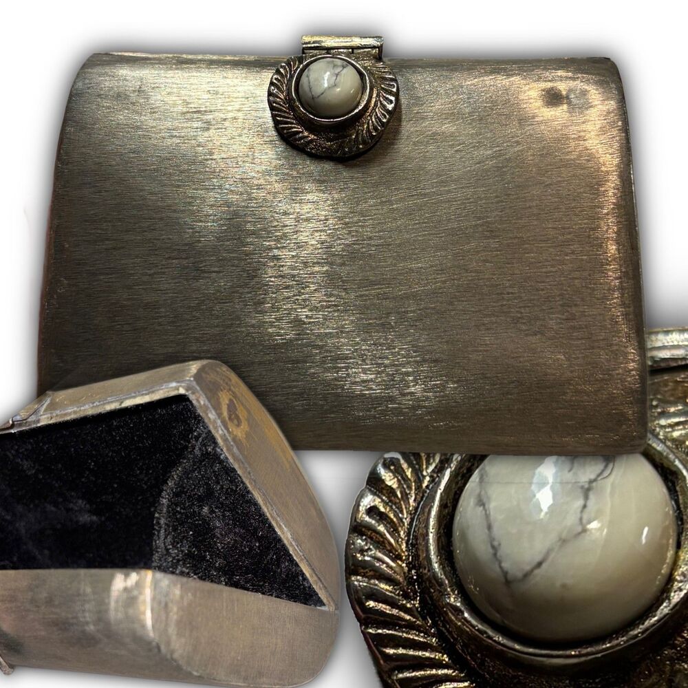 Vintage Brushed Metal Box Clutch with Howlite Accent